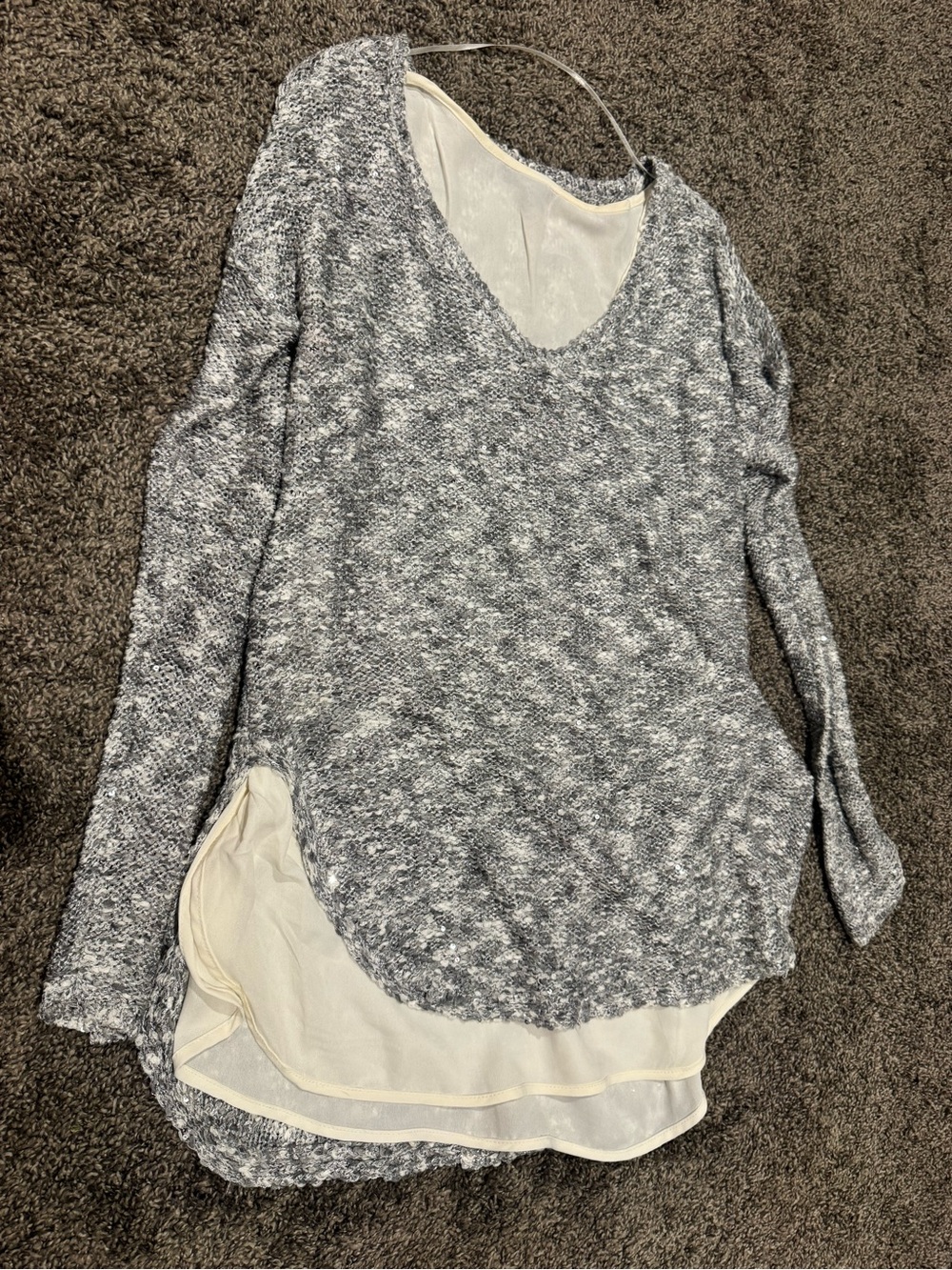 Apt. 9 Gray Marled V-Neck Sweater with Cream Layered Hem